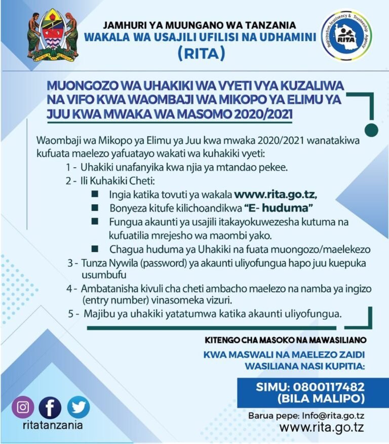 RITA Login RITA Uhakiki Online Application 2021/2022