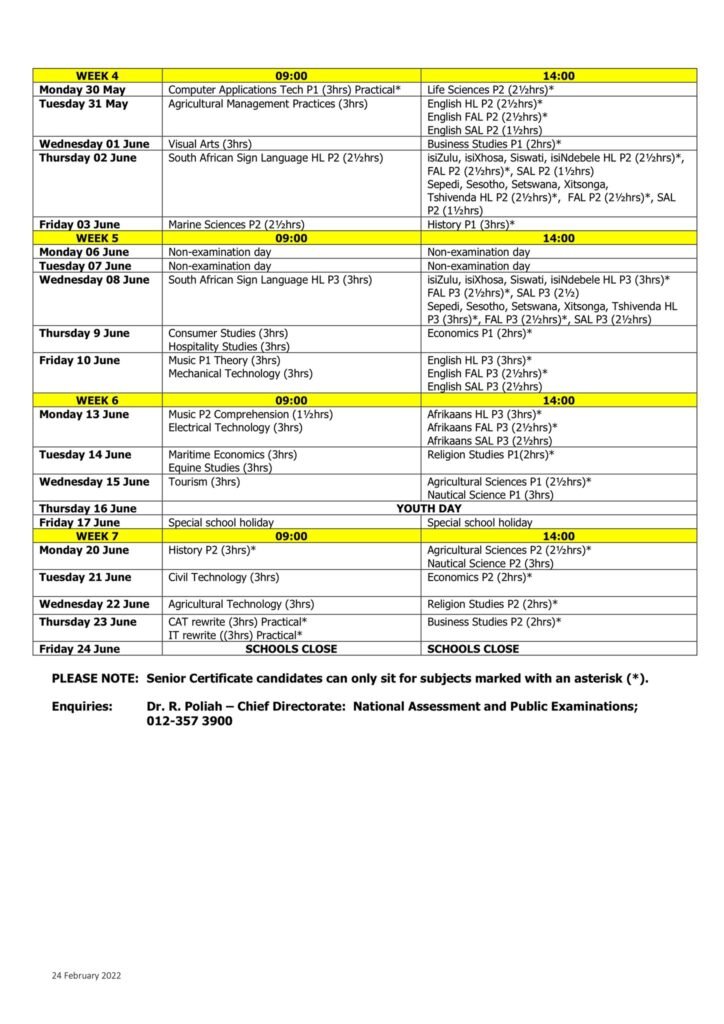 The 2022 May/June NSC/SC Examination Timetable