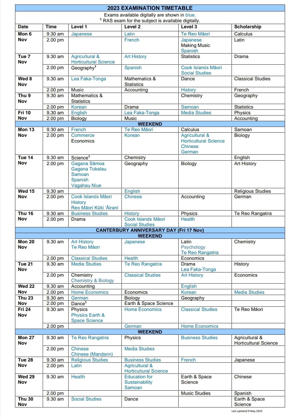 NCEA Examination Timetable 2023