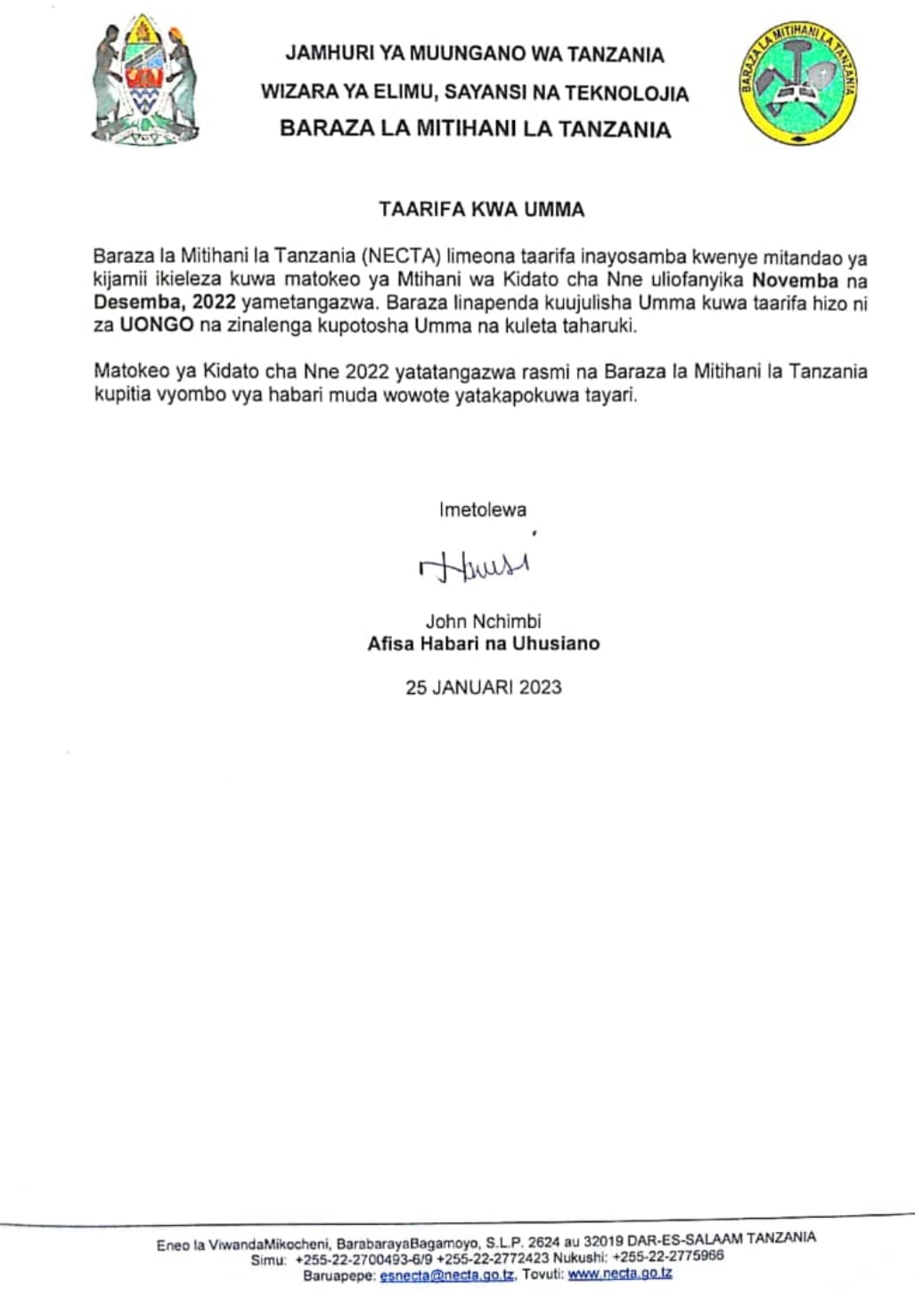 NECTA Notice About Matokeo Kidato Cha Nne | NECTA Public Announcement 2022/2023