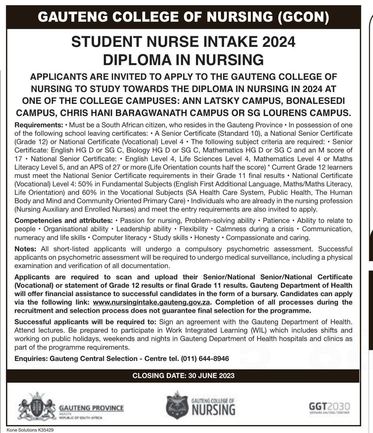 Gauteng Nursing Intake 2024