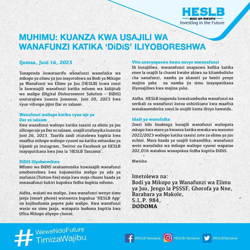 HESLB DiDiS Registration For Loan Beneficiaries