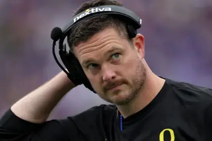 Dan Lanning, the coach for Oregon, responds to a play against BYU in the initial half of an NCAA college football match. (Source: foxnews)