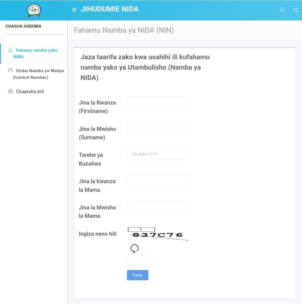 Namba Ya NIDA Online: Retrieve Your NIDA Number (NIN)