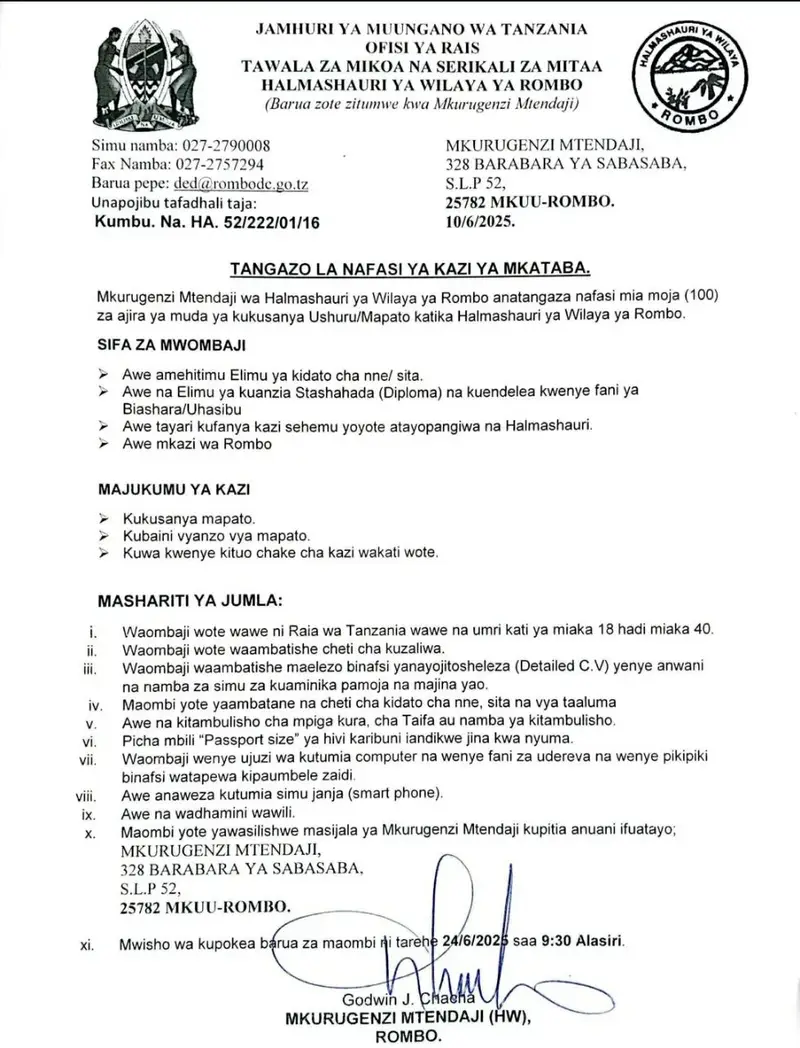 100 Temporary Revenue Collection Positions at Rombo District Council