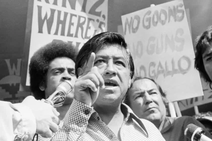 FILE – In this Sept. 16, 1975 file photo, head of the United Farm Workers Union Cesar Chavez speaks at the headquarters for the state Agriculture Labor Relations Board board to call for the resignation of Walter Kintz, legal counsel for the board, in Sacramento, California. Chavez was born near Yuma, Arizona on March 31, 1927 and died in 1993. (AP Photo, File)