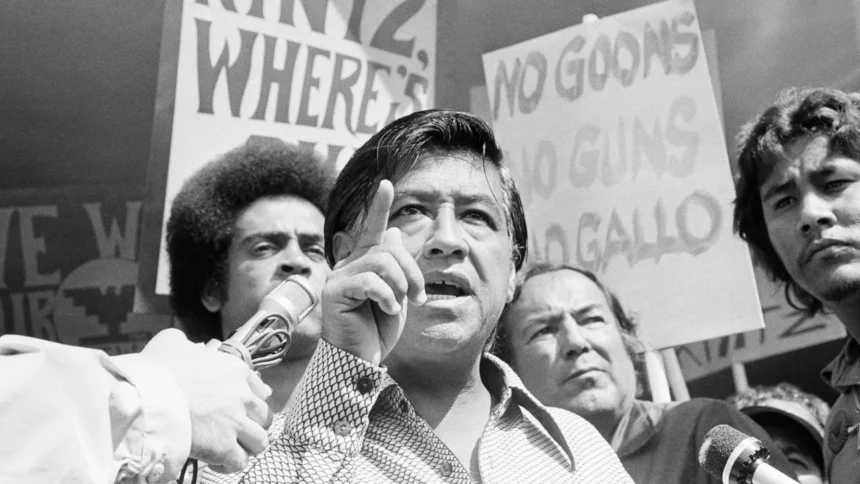 FILE – In this Sept. 16, 1975 file photo, head of the United Farm Workers Union Cesar Chavez speaks at the headquarters for the state Agriculture Labor Relations Board board to call for the resignation of Walter Kintz, legal counsel for the board, in Sacramento, California. Chavez was born near Yuma, Arizona on March 31, 1927 and died in 1993. (AP Photo, File)