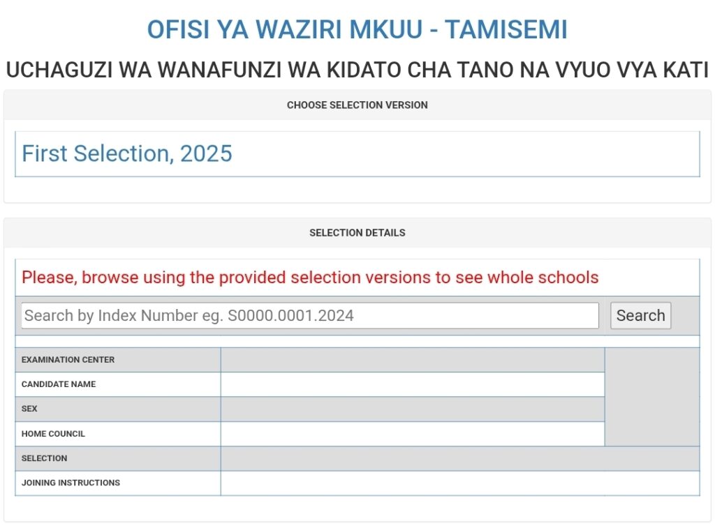 Selection Form Five 2026/2027 (TAMISEMI Waliochaguliwa Kidato cha Tano)