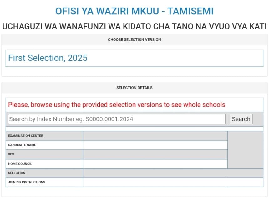 TAMISEMI Form Five Selection Online PDF Download 2026/2027