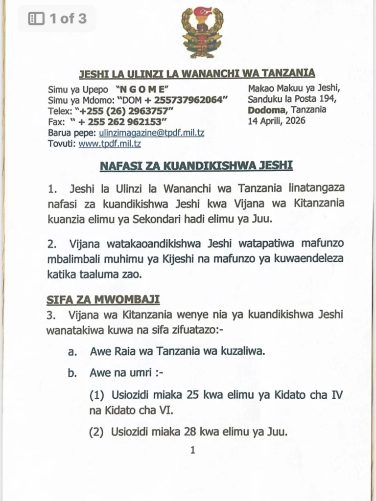 Nafasi Za Kuandikishwa Jeshini (JWTZ) 2026